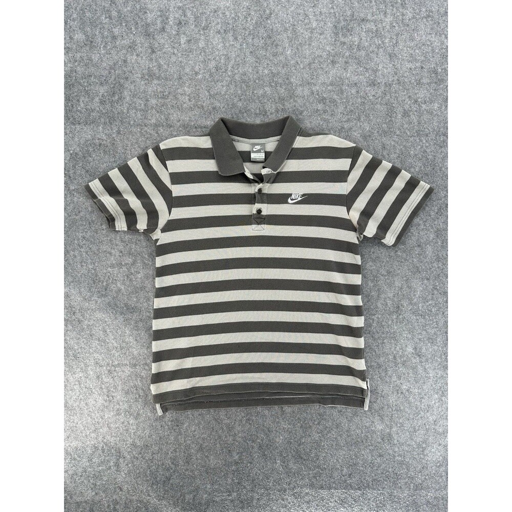 Nike Polo Shirt Mens XL Black Gray Striped Patch Logo 100% Cotton Vintage